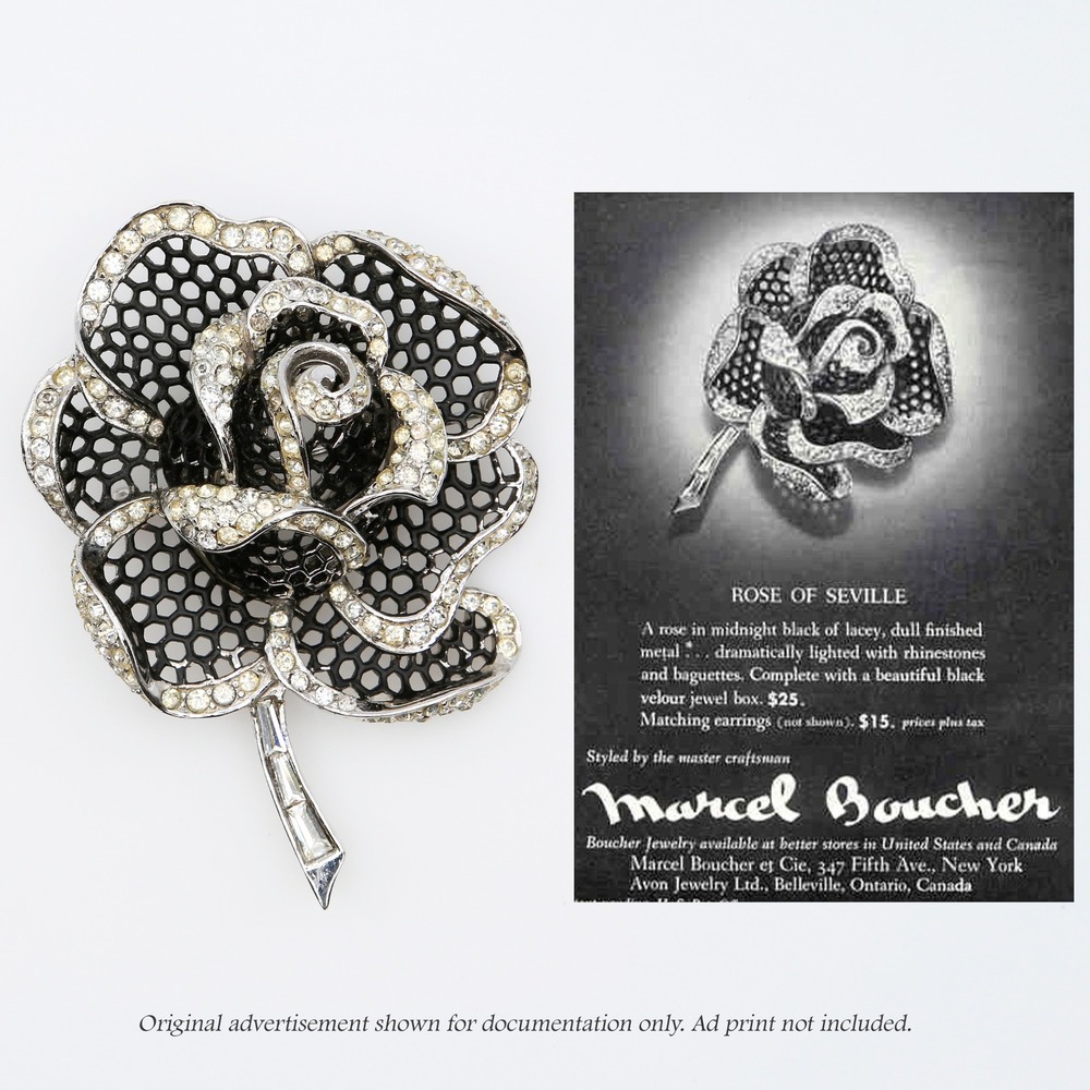 Vintage Marcel Boucher Rose of Seville Black Enamel Rhinestone Brooch 1950s